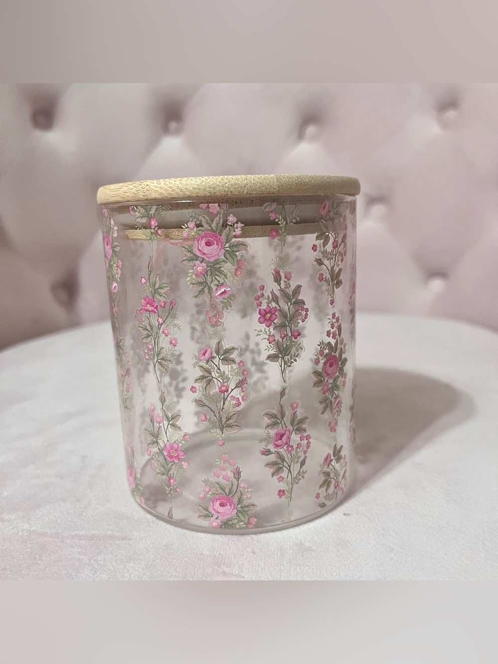 Glass Jar with Floral Design and Bamboo Lid